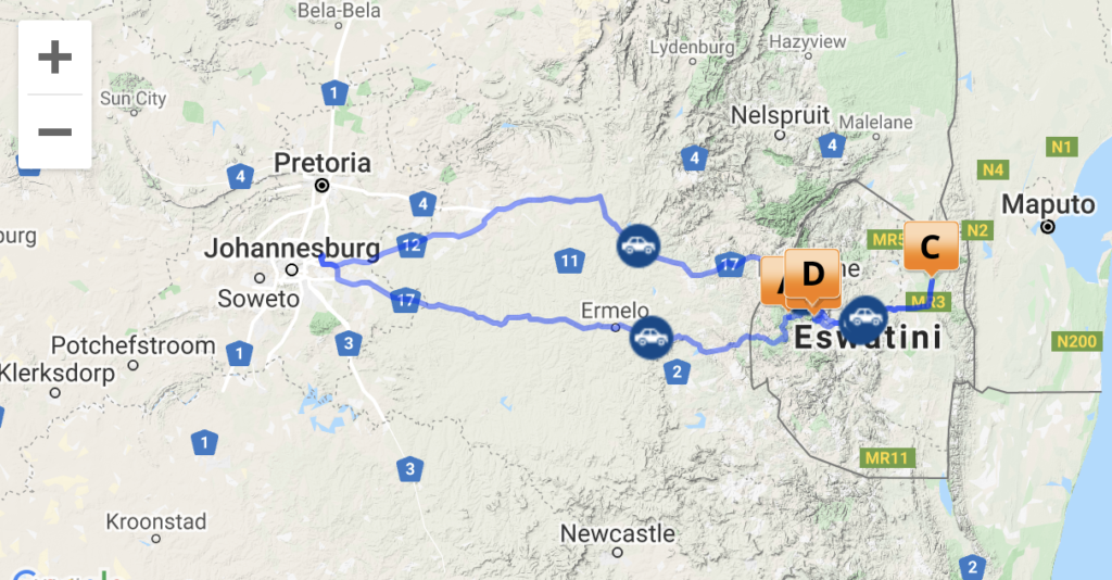 self drive eswatini itinerary map