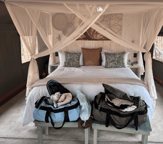 Family safari Botswana Zimbabwe 2024 Vickery bedroom with bags