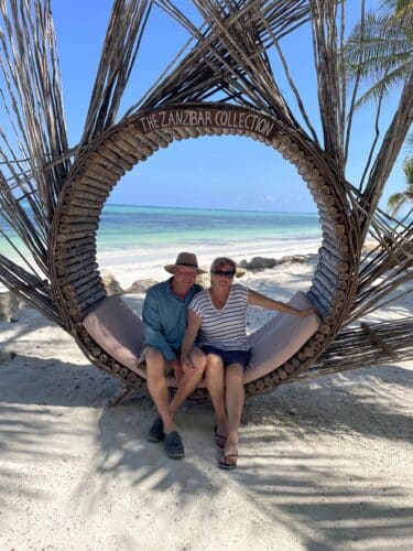 Rayner couple Nov 2025 Trip of a lifetime to Africa us on the beach in Zanzibar